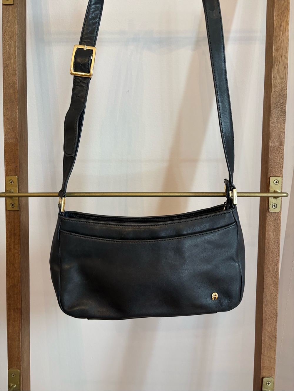 Vintage Black Leather Etienne Aigner Shoulder Bag with Gold Hardware
